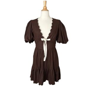 HOUSE OF HARLOW 1960 Brown Scallop Linen Blend Mini Dress Puff Sleeves Pockets 8